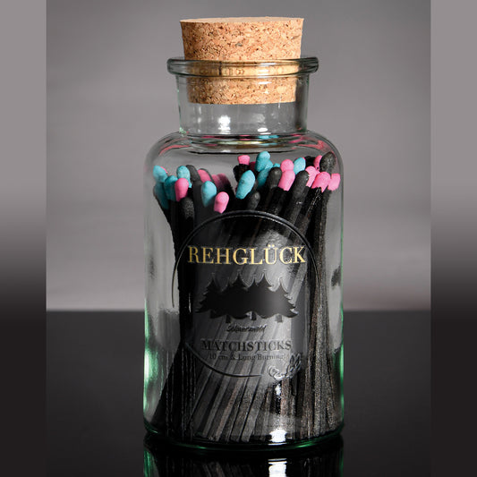 Apothekerflasche mit ca. 80 Stück schwarzen Streichhölzern