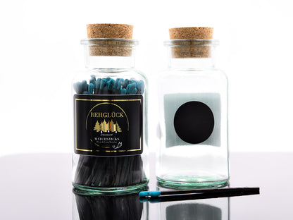 Apothekerflasche mit schwarzen Streichhölzern/Blau