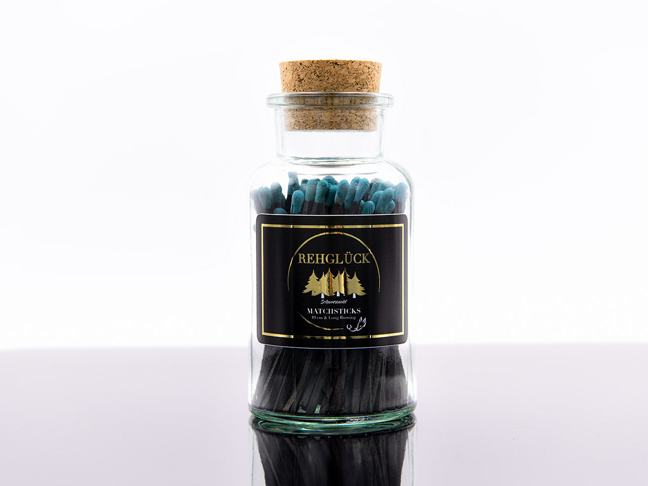 Apothekerflasche mit ca. 80 Stück schwarzen Streichhölzern